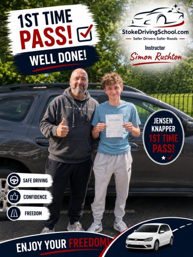 Man and boy smiling, holding a driving test pass certificate in front of a car.