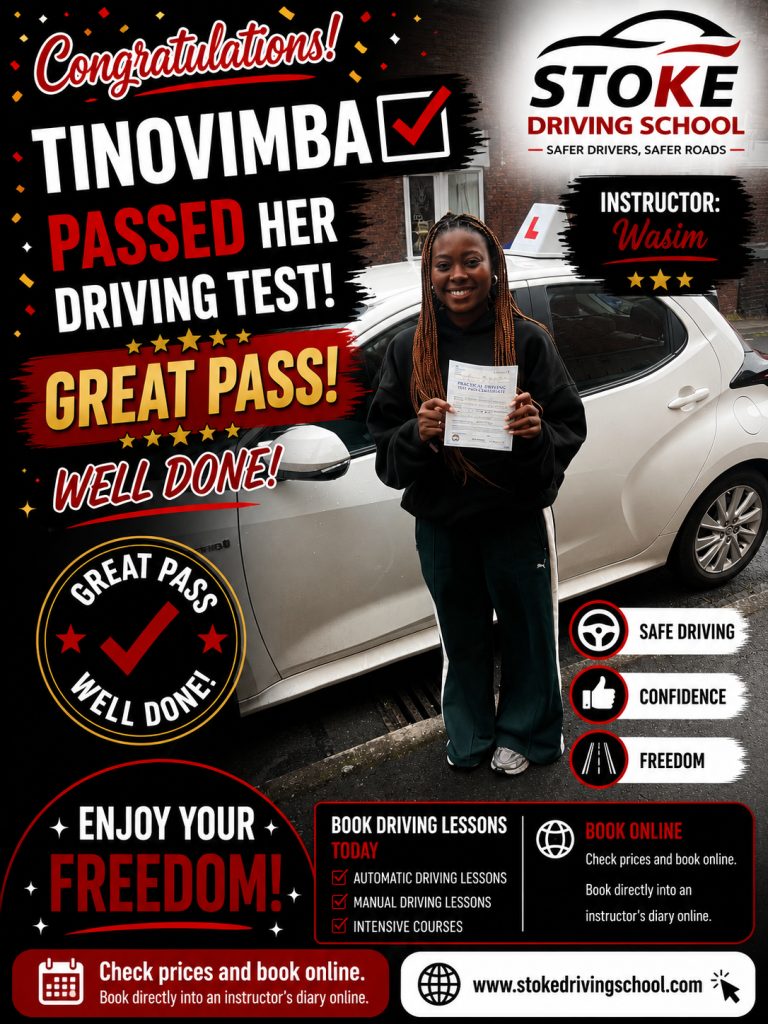 A woman proudly holds her driving test pass certificate outside a driving school car.