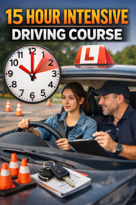Driving instructor guiding a student in a car during a driving course.