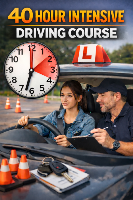 Learner driver receiving instruction in a car, with a clock and course details visible.