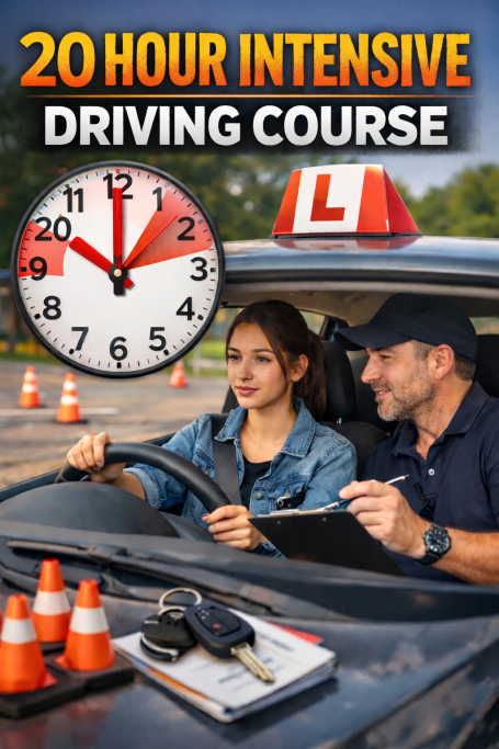 A learner driver takes a lesson with an instructor, featuring a clock and traffic cones.