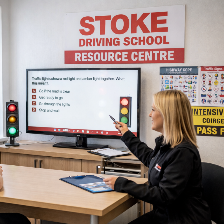 A woman points at a screen displaying traffic light signals in a driving school resource centre.