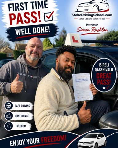 A driving instructor and a student celebrate the student's first-time pass.