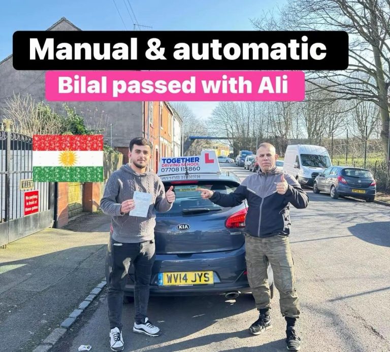 A young woman holding a driving test certificate stands beside a car with an L plate.