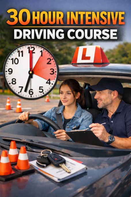 A learner driver receives instruction in a car with traffic cones in the background.