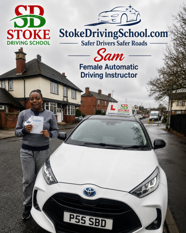 A learner driver holding a certificate stands beside a white car in a residential area.