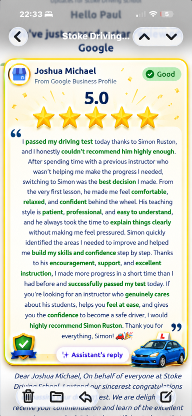 Review from Josh Review highlighting excellent service and a five-star rating for a business.