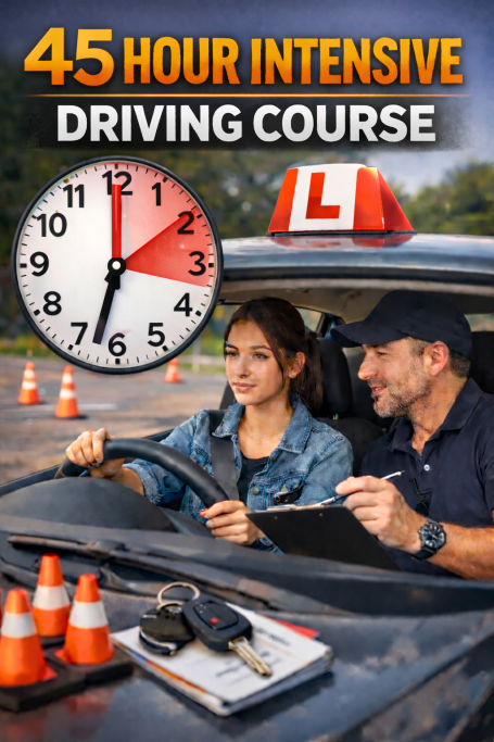 A learner driver with an instructor in a car, featuring a clock and driving cones.
