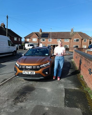 Person standing beside a brown car on a residential street under a clear blue sky.