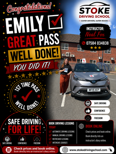 A woman stands proudly next to a car, celebrating her driving test success.