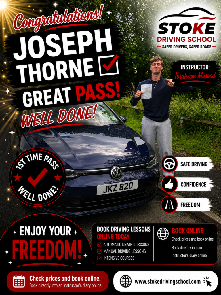 Well done Joseph Thorne Happy pupil holding a driving test pass certificate beside a car.