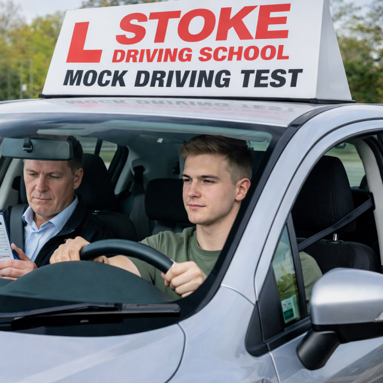 A driving instructor observes a student during a mock driving test in a car.