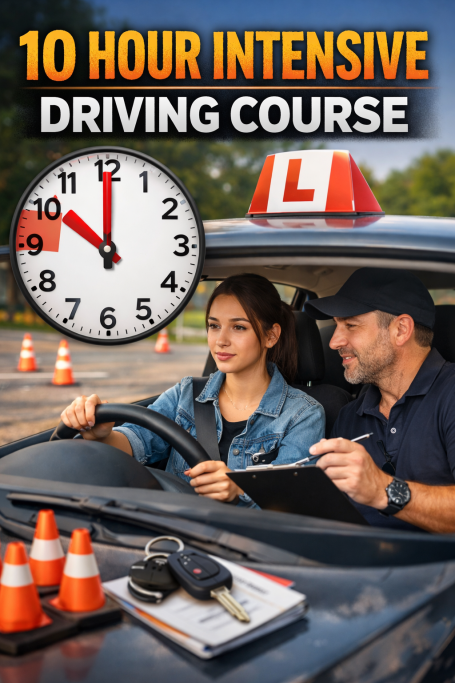 A learner driver takes a lesson with an instructor in a car, with a clock showing 10 o'clock.