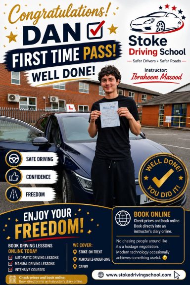 Well done Dan Congratulations banner for Dan, celebrating his first-time driving test pass, outside a car.
