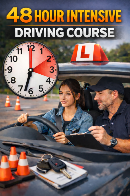 A learner driver takes an intensive driving lesson with an instructor, clock showing time.