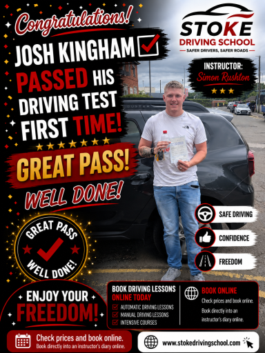Well done Josh Person celebrating passing a driving test, holding a drink, next to a car with a congratulatory banner.