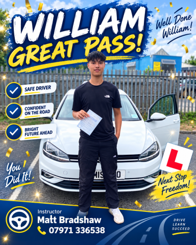 Well done, William a great pass A young man standing in front of a white vehicle with a pass certificate in his hand