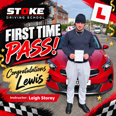 Well done Leigh Man stands in front of a red car with a pass Certificate